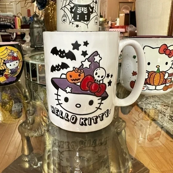 NWT Hello Kitty Halloween Witch Pumpkin Skull Bats Stars Spider Web Broom Mugs - Picture 7 of 7